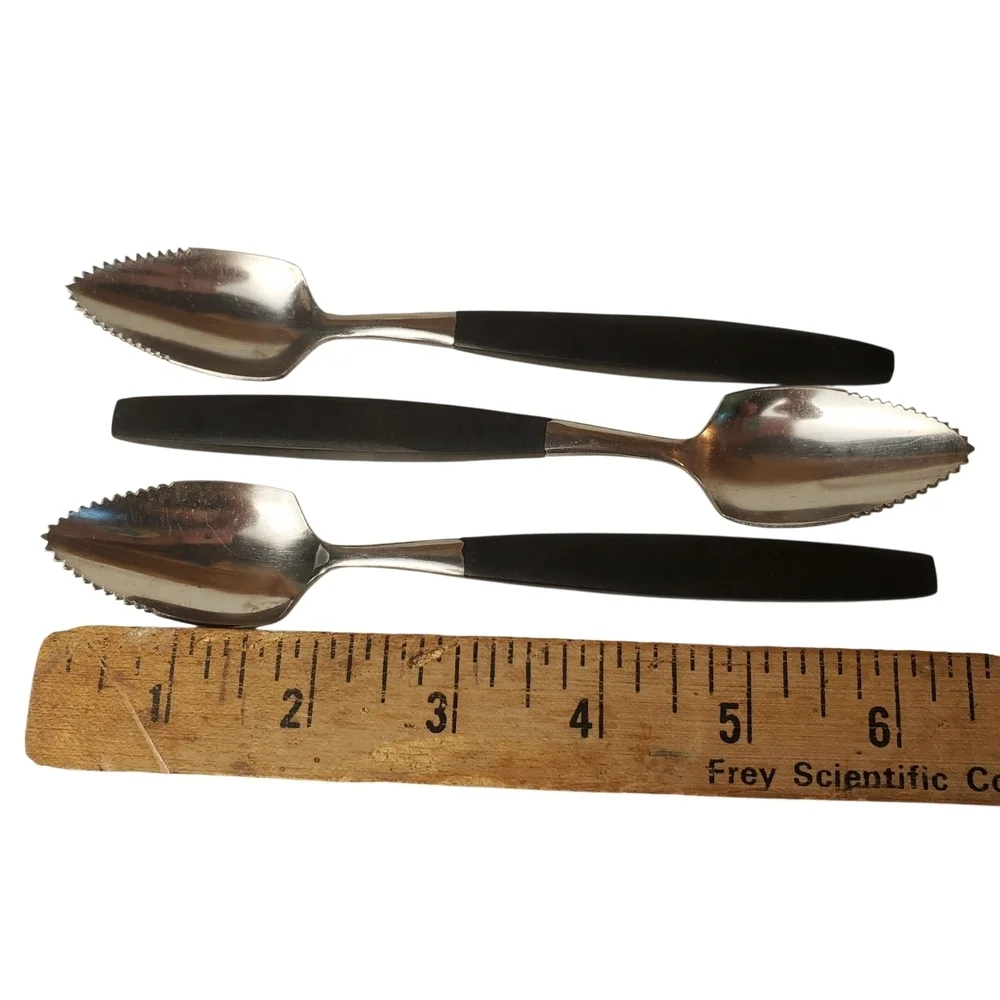 Set of Three MCM Black and Silver Grapefruit Spoons. Made In Japan.